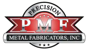 Logo for Precision Metal Fabricators, Inc. featuring the large initials "PMF" in silver on a red banner, with stars and the company name in silver and black text on a circular background.