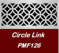 Rectangular metal panel with a repeating pattern of interlocking circles. Below the design, the text reads: "Circle Link PMF126" on a maroon background.