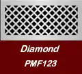 A white diamond-patterned metal vent cover above a maroon background with the text “Diamond PMF123” written in white.