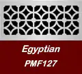 Rectangular metal vent cover with a repeating geometric pattern labeled "Egyptian PMF127" on a maroon background.