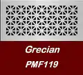 A rectangular metal vent cover with a geometric Grecian pattern of repeating triangles and diamonds, labeled "Grecian PMF119" on a maroon background.