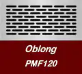 A metal vent cover with an oblong slotted pattern is displayed above the text "Oblong PMF120" on a maroon background.