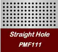 A grid of evenly spaced, round holes on a silver background above a maroon section with white text reading “Straight Hole PMF111.”.